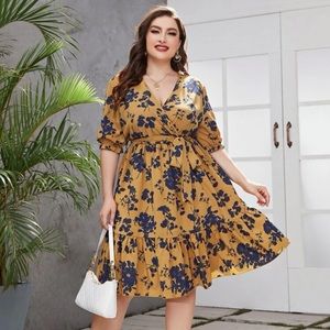 Floral Print Puff Sleeve Ruffle Hem Belted Dress